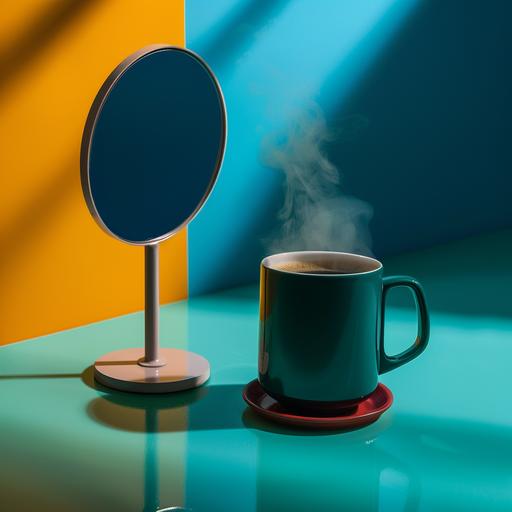 VERY CLOSE UP Food Photography, bird's eye view angle, Nikon D750, a small standing mirror tilted to the left next to a steaming mug of coffee, blue colorful wall --s 50 --style raw