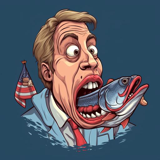 VERY PATRIOTIC MAN GIVING A FISH CPR, MOUTH TO MOUTH, CARTOON STYLE FOR TSHIRT