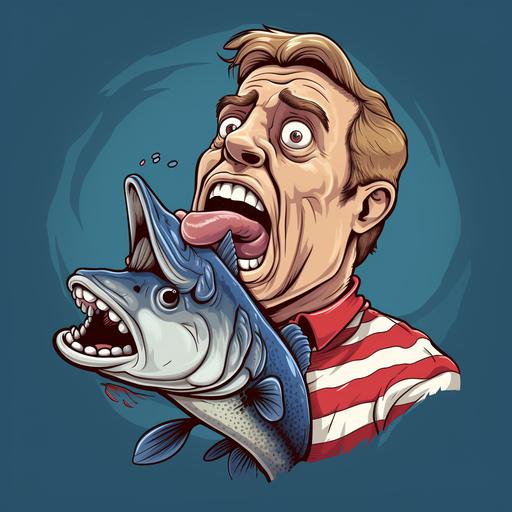 VERY PATRIOTIC MAN GIVING A FISH CPR, MOUTH TO MOUTH, CARTOON STYLE FOR TSHIRT
