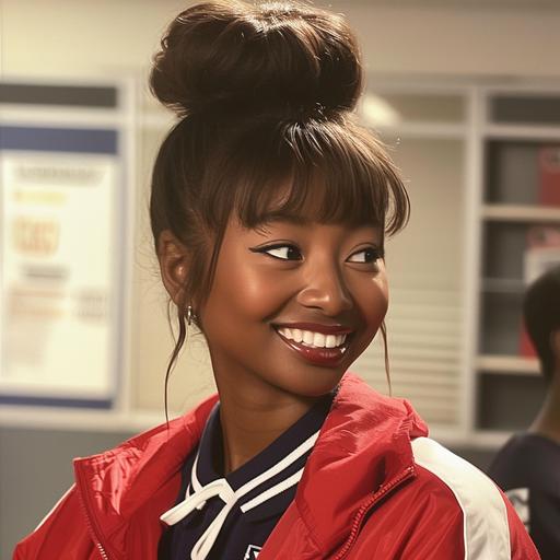 VHS recording of Aoi Asahina in an 80's TV sitcom, in an 80's sitcom, Aoi, Aoi Asahina, Aoi Asahina from Danganronpa, live action, real life, real person, photorealistic, hyperealistic, dark skin, dark complexion, brown hair, bun hairstyle, hair in a bun, red jacket, red tracksuit jacket, smile, smiling, VHS capture, VHS quality, VHS screenshot, TV Show, 80's, 80's quality, TV grain, video grain, grainy video, 80's aesthetic, 80's American, 80's American aesthetic, 2:1 aspect ratio, soft focus --v 6.0 --s 50 --style raw