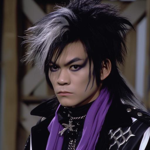VHS recording of Gundham Tanaka in an 80's TV sitcom, in an 80's sitcom, Gundham, Gundham Tanaka, Gundham Tanaka from Danganronpa, live action, real life, real person, photorealistic, hyperealistic, black hair, white streak of hair, pale, pale skin, pale complexion, eyeliner, black eyeliner, purple scarf, black outfit, gothic fashion, gothic 80's fashion, VHS capture, VHS quality, VHS screenshot, TV Show, 80's, 80's quality, TV grain, video grain, grainy video, 80's aesthetic, 80's American, 80's American aesthetic, 2:1 aspect ratio, soft focus --v 6.0 --s 50 --style raw