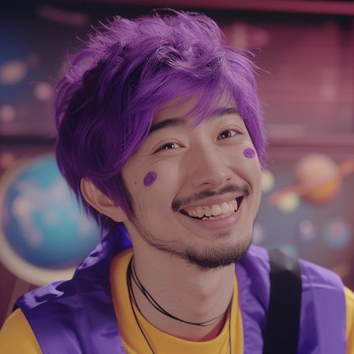 VHS recording of Kaito Momota in an 80's TV sitcom, in an 80's sitcom, Kaito, Kaito Momota, Kaito Momota from Danganronpa, live action, real life, real person, photorealistic, hyperealistic, purple hair, purple haircut, purple soulpatch, soulpatch beard, smile, smiling, in a planetarium, planetarium, VHS capture, VHS quality, VHS screenshot, TV Show, 80's, 80's quality, TV grain, video grain, grainy video, 80's aesthetic, 80's American, 80's American aesthetic, 2:1 aspect ratio, soft focus --v 6.0 --s 50 --style raw