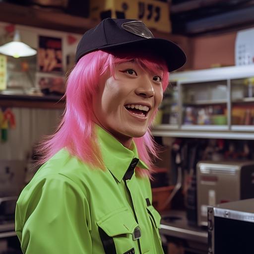 VHS recording of Kazuichi Soda in an 80's TV sitcom, in an 80's sitcom, Kazuichi, Kazuichi Soda, Kazuichi Soda from Danganronpa, live action, real life, real person, photorealistic, hyperealistic, pink hair, bright pink hair, black baseball cap, black hat, neon green boiler suit, smile, smiling, in a repair shop, Ultimate Mechanic, VHS capture, VHS quality, VHS screenshot, TV Show, 80's, 80's quality, TV grain, video grain, grainy video, 80's aesthetic, 80's American, 80's American aesthetic, 2:1 aspect ratio, soft focus --v 6.0 --s 50 --style raw