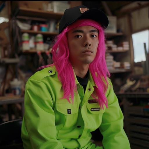 VHS recording of Kazuichi Soda in an 80's TV sitcom, in an 80's sitcom, Kazuichi, Kazuichi Soda, Kazuichi Soda from Danganronpa, live action, real life, real person, photorealistic, hyperealistic, pink hair, bright pink hair, black baseball cap, black hat, neon green boiler suit, in a repair shop, Ultimate Mechanic, VHS capture, VHS quality, VHS screenshot, TV Show, 80's, 80's quality, TV grain, video grain, grainy video, 80's aesthetic, 80's American, 80's American aesthetic, 2:1 aspect ratio, soft focus --v 6.0 --s 50 --style raw