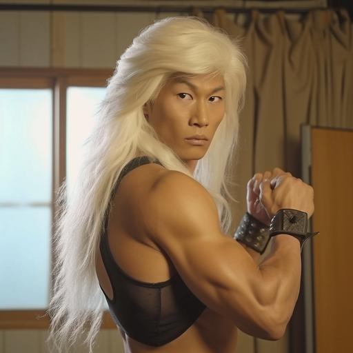 VHS recording of Sakura Ogami in an 80's TV sitcom, in an 80's sitcom, Sakura, Sakura Ogami, Sakura Ogami from Danganronpa, live action, real life, real person, photorealistic, hyperealistic, tan skin, tan complexion, white hair, long white hair, strong build, muscular build, bodybuilder, VHS capture, VHS quality, VHS screenshot, TV Show, 80's, 80's quality, TV grain, video grain, grainy video, 80's aesthetic, 80's American, 80's American aesthetic, 2:1 aspect ratio, soft focus --v 6.0 --s 50 --style raw
