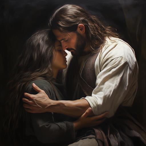 foto realista de Jesús con su túnica blanca abrazándose con un hombre demostrándole mucho amor y que se vean las manos de Jesús con los orificios de los clavos
