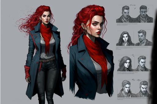 VTM, full body design, concept art, 28 years old Banu Haqim Serbian female vampire, red-blue banged hair, long gray coat, red scarf, distinctively attractive body, full lips, observant, detective, secret, investigative, detailed face, detailed body, detailed scene, extremely detailed, high detail, high quality. hyper intricate, depth of field, epic composition, 32k, Super-Resolution --ar 3:2 --v 4 --q 2