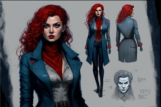 VTM, full body design, concept art, 28 years old Banu Haqim Serbian female vampire, red-blue banged hair, long gray coat, red scarf, distinctively attractive body, full lips, observant, detective, secret, investigative, detailed face, detailed body, detailed scene, extremely detailed, high detail, high quality. hyper intricate, depth of field, epic composition, 32k, Super-Resolution --ar 3:2 --v 4 --q 2