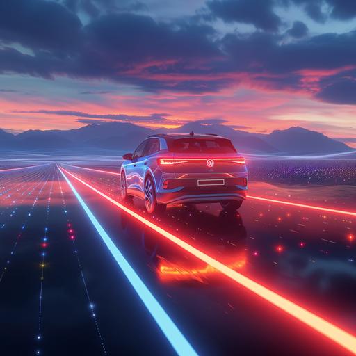 VW ID driving on the highway towards mountains horizon sunset, travel mood, 3D Contemporary Art Illustration filled ascii code with I and Ds with neon lighting of blue and orange tone. light streaks trail the car --v 6.0 --style raw