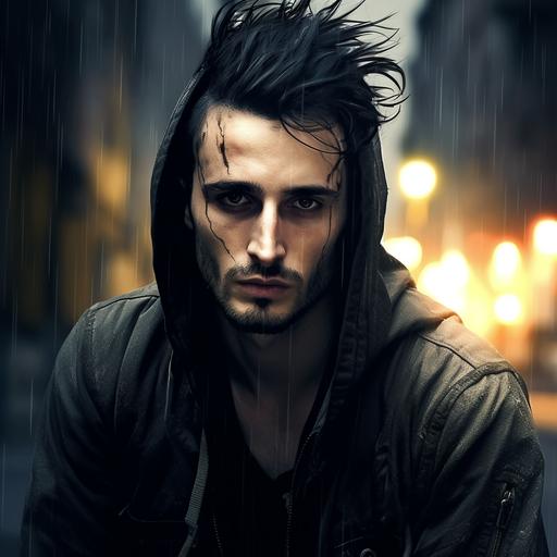 Vagabond character, from front, with a subtle punk style, HD, ultra realistic, dark themed, rainy night in the city downtown, pollution fog headlights and street lights in the background