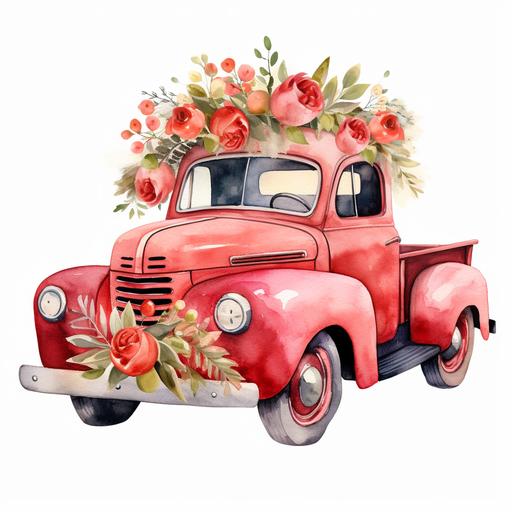 Valentine, Old Red Farm Truck, trucks filled with heart-shaped flowers, back, high quality, watercolor clipart