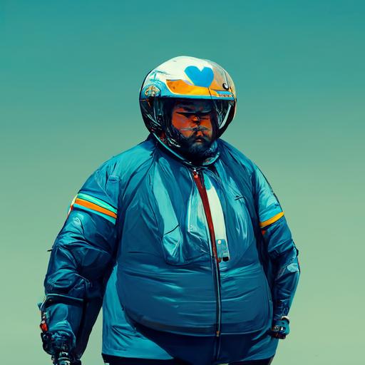 short fat guy with a blue jacket riding a super bike