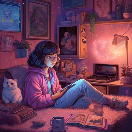 Vaporwave girl, neighbor character of lofi girl, studying on her tablet in her room of pink and purple glitch aesthetic and retro decor : Vaporwave girl has a fuzzy jacket, a bob haircut, and big expensive sunglasses, she's eating pockey in the style of late 1980s Studio Ghibli anime --v 5 --s 250