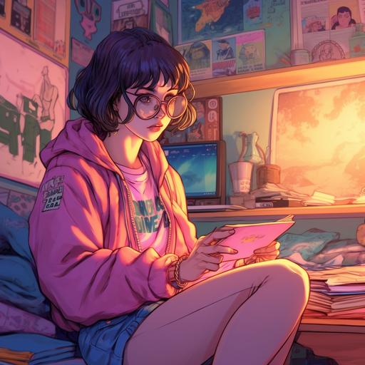 Vaporwave girl, neighbor character of lofi girl, studying on her tablet in her room of pink and purple glitch aesthetic and retro decor : Vaporwave girl has a fuzzy jacket, a bob haircut, and big expensive sunglasses, she's eating pockey in the style of late 1980s Studio Ghibli anime --v 5 --s 250