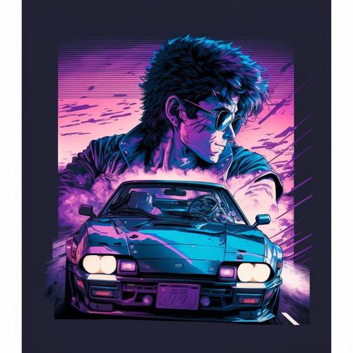 Vaporwave monkey driving a sports car, wearing sunglasses, widebody shot, in initial D anime style, purple and blue, deep lighting, night time scene, background city with fog, action shot, anime speed lines