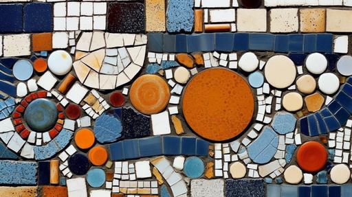 Various mosaic tile abstracted patterns, powdered blue, burnt orange, brown and black, on white background, --ar 16:9 --s 750 --v 5.1