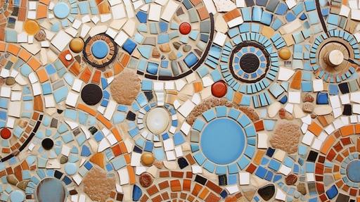 Various mosaic tile abstracted patterns, powdered blue, burnt orange, brown and black, on white background, --ar 16:9 --s 750 --v 5.1