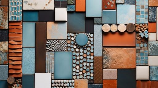 Various mosaic tile abstracted patterns, powdered blue, burnt orange, brown and black, --ar 16:9 --s 750 --v 5.1