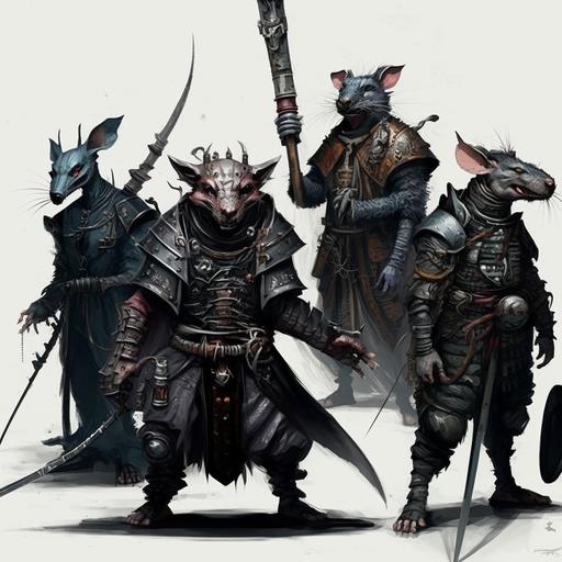 Various rat monsters, sewers, knight, warrior, heavy armor, full plate, metal, barbed wires, rust, dark future, skaven, warhammer, necromunda, space horror, characters, concept art, white background, illustration, dark palette colours, angry, grimdark, gothic --v 4