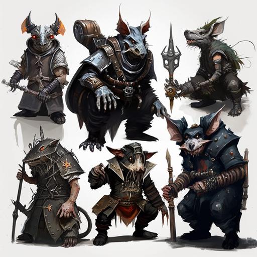 Various rat monsters, sewers, knight, warrior, heavy armor, full plate, metal, barbed wires, rust, dark future, skaven, warhammer, necromunda, space horror, characters, concept art, white background, illustration, dark palette colours, angry, grimdark, gothic --v 4