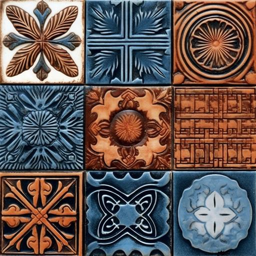 Various tile ceramic patterns, powdered blue, burnt orange, brown and black --s 750 --v 5.1