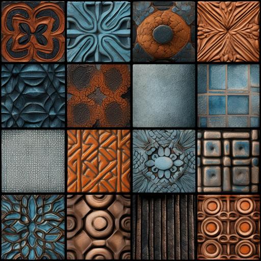 Various tile ceramic patterns, powdered blue, burnt orange, brown and black --s 750 --v 5.1