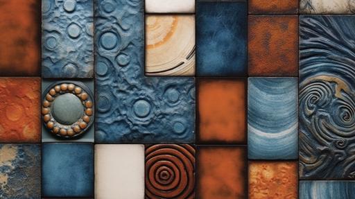 Various tile ceramic patterns, powdered blue, burnt orange, brown and black abstract, --ar 16:9 --s 750 --v 5.1