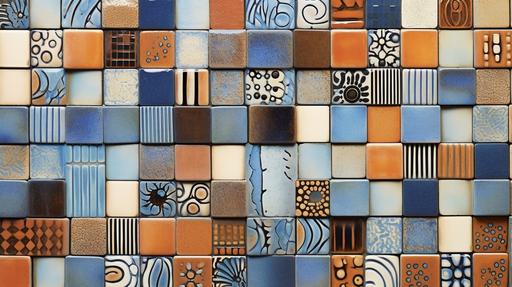 Various tile ceramic patterns, powdered blue, burnt orange, brown and black abstract, --ar 16:9 --s 750 --v 5.1
