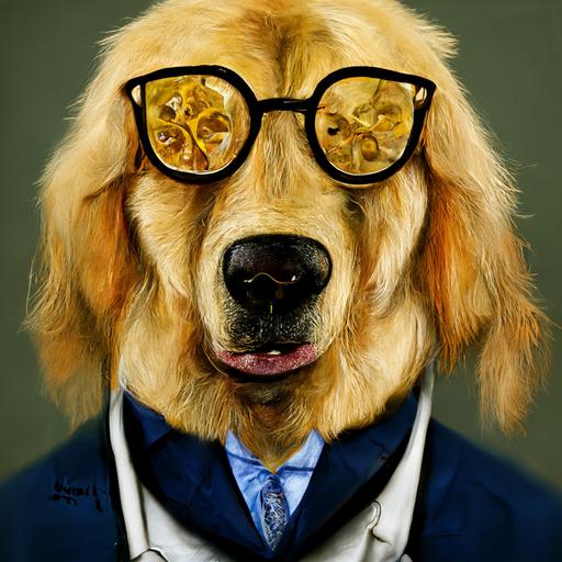 a golden retriever therapist dog wearing glasses and a suit