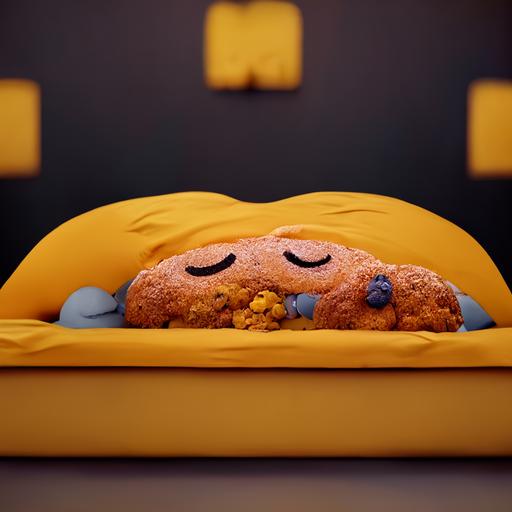 cartoon muffin sleeping in a bed, artstation trending, octane, 8k