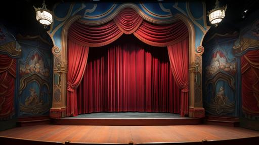 Vaudeville Stage, wide angle view, red curtain background --ar 16:9