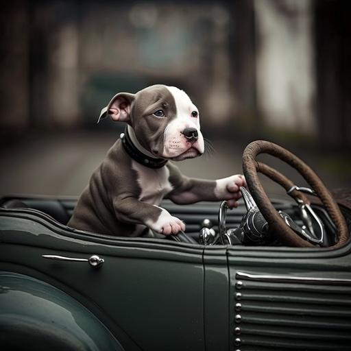 baby pitbull driving a car