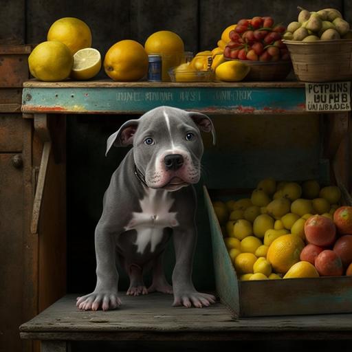 cute baby pitbull gray working fruits store