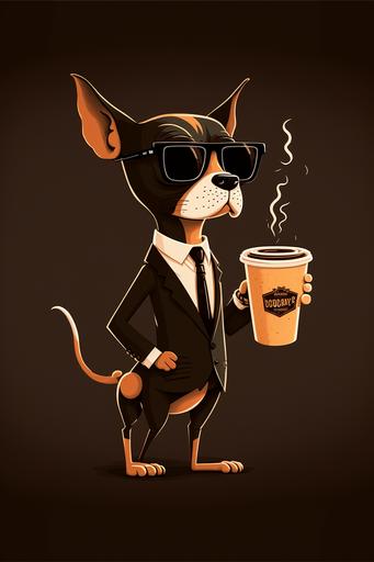 Vector Design of dog Cartoon with Sun glasses, wearing tuxedo and Holding a Cup of coffee, half body, Anti-aliasing, --ar 2:3