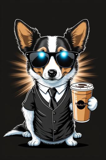 Vector Design of dog Cartoon with Sun glasses, wearing tuxedo and Holding a Cup of coffee, half body, Anti-aliasing, --ar 2:3