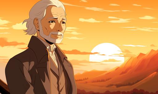 Vector art of a middle-aged anime man with distinguished silver hair, gentle eyes that have seen decades of adventures, and a subtle smile hinting at both melancholy and contentment. He stands against the backdrop of a peaceful Japanese countryside, the sun setting behind him casting a golden hue over the landscape. He wears a simple, traditional kimono, with a wooden staff in one hand and a small satchel hanging from his shoulder. The wind rustles the leaves of the nearby cherry blossom tree, petals gently floating around him. His journey has come to an end, and he's ready for a peaceful retirement. Art style: Cartoon with vibrant colors, reminiscent of Studio Ghibli aesthetics. Rendered in crisp, high definition vector graphics --ar 5:3