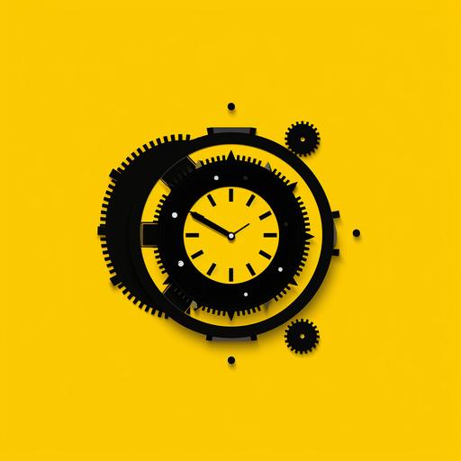 Vector graphic logo of clock mechanism, simple minimal, by Rob Janoff, 2 colors yellow and black, background is yellow, material design, flat