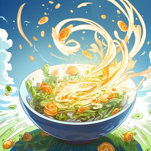 Vegetables flip up and fly up, noodle soup illustration cartoon Japanese manga style, vortex, flying vegetables, depth of field effect