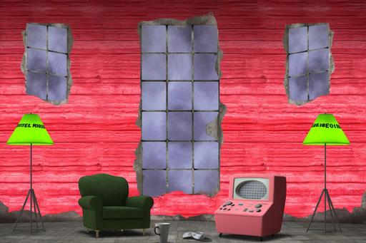 Velvet curtains, brick wall painted white, beaded doorways, inflatable furniture, tube TVs, landline phones with long curly cords, geometric patterns, frayed carpet edges, lava lamps, disjointed echoes, in the style of gloomy daydream, digital decay --s 200 --w 200 --c 20 --ar 3:2