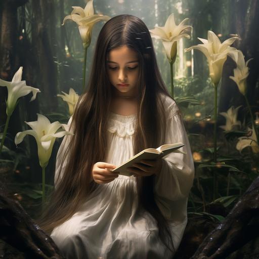 little young blong girl with long hair in a lily garden with letter in hand mystical, magical, clear image