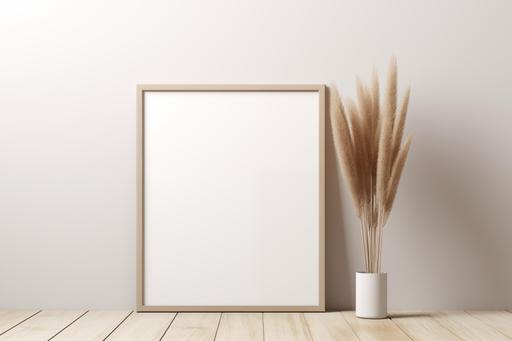 Vertical frame mockup standing on wooden floor in living room interior with dried pampas grass on white wall background. 3d rendering, 3d illustration ,empty copy space template, --ar 3:2