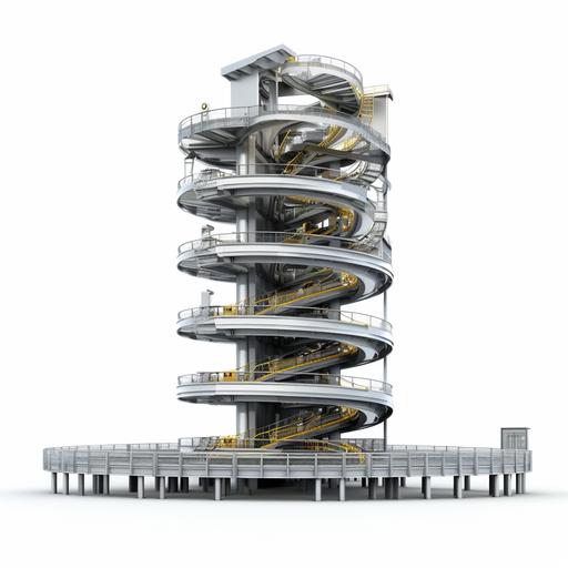 Vertical helical broad conveyor belt with an access ramp on top, three big floors, very symmetric, projected for car's size, isolated on white background, 4k, highy detailed, realistic, high definition