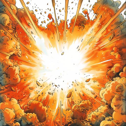 Vertical rectangular frame with explosions at the edges. Futuristic setting. White background. Manga style, drawn in colored pencil --s 250 --v 6.0