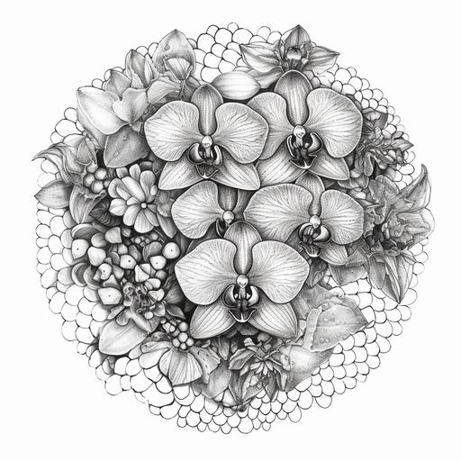 Very Beautiful hydrangea orchids flowers tattoo mandala high large detailed professional ,simple pencil drawing high quality resolution white grayscale --v 5