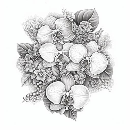 Very Beautiful hydrangea orchids flowers tattoo mandala high large detailed professional ,simple pencil drawing high quality resolution white grayscale --v 5