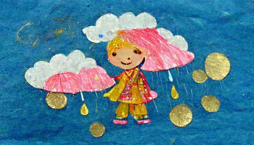 Very Detailed 3year old little girl in clouds standing in a blue watercolored puddle with big blue umbrella,majestic gold shining glittery coins coming just from under glittery umbrella with happy face with short golden blond hair new red rubber rain boots and a little pink bow in hair and the background is rainy day with sun peaking out of the clouds,in the sky not hazy, Ultra photo realistic, horizon, —ar 16:9