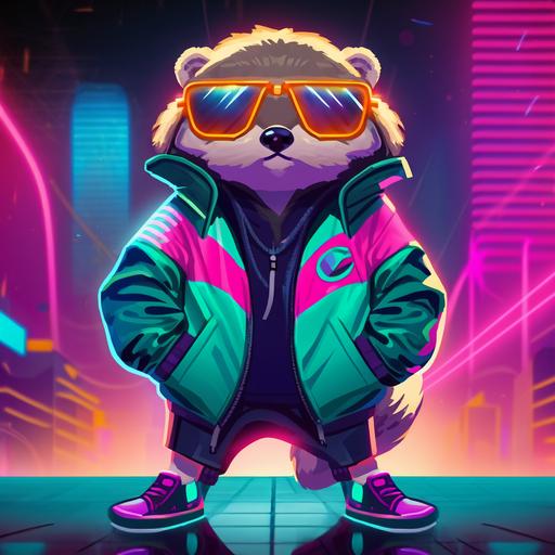 Very Young Otter wearing human clothing, streetwear, bombar jacket, boots, futuristic goggles, electric gadgets, neon bright colors, dark blue, orange, purple, mint green ar 1:1 --niji