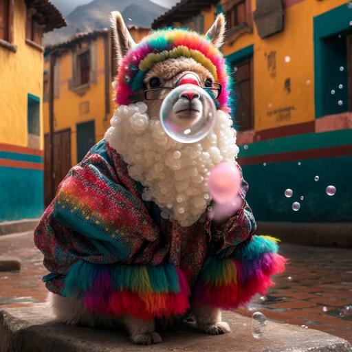 Very cute baby llama, carnival girl with glasses, spitting paint, a lot of colored paint flying, she is dressed in typical clothes from Cajamarca, the llama is in a town of Cajamarca, water everywhere
