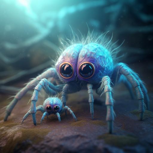 Very cute surreal little tarantula monster with his very gentle and protective mother, beautiful detailed eyes, huge eyes, Ghostpunk, intricate details, sharp details, hyper-detailed, mystical lighting, magical lighting, studio ghibli, trending on art station, hyper-realistic octane rendering rorianai style 8k s1000 testb v5.1