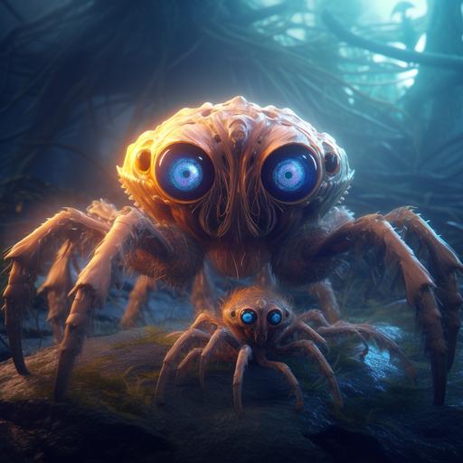 Very cute surreal little tarantula monster with his very gentle and protective mother, beautiful detailed eyes, huge eyes, Ghostpunk, intricate details, sharp details, hyper-detailed, mystical lighting, magical lighting, studio ghibli, trending on art station, hyper-realistic octane rendering rorianai style 8k s1000 testb v5.1